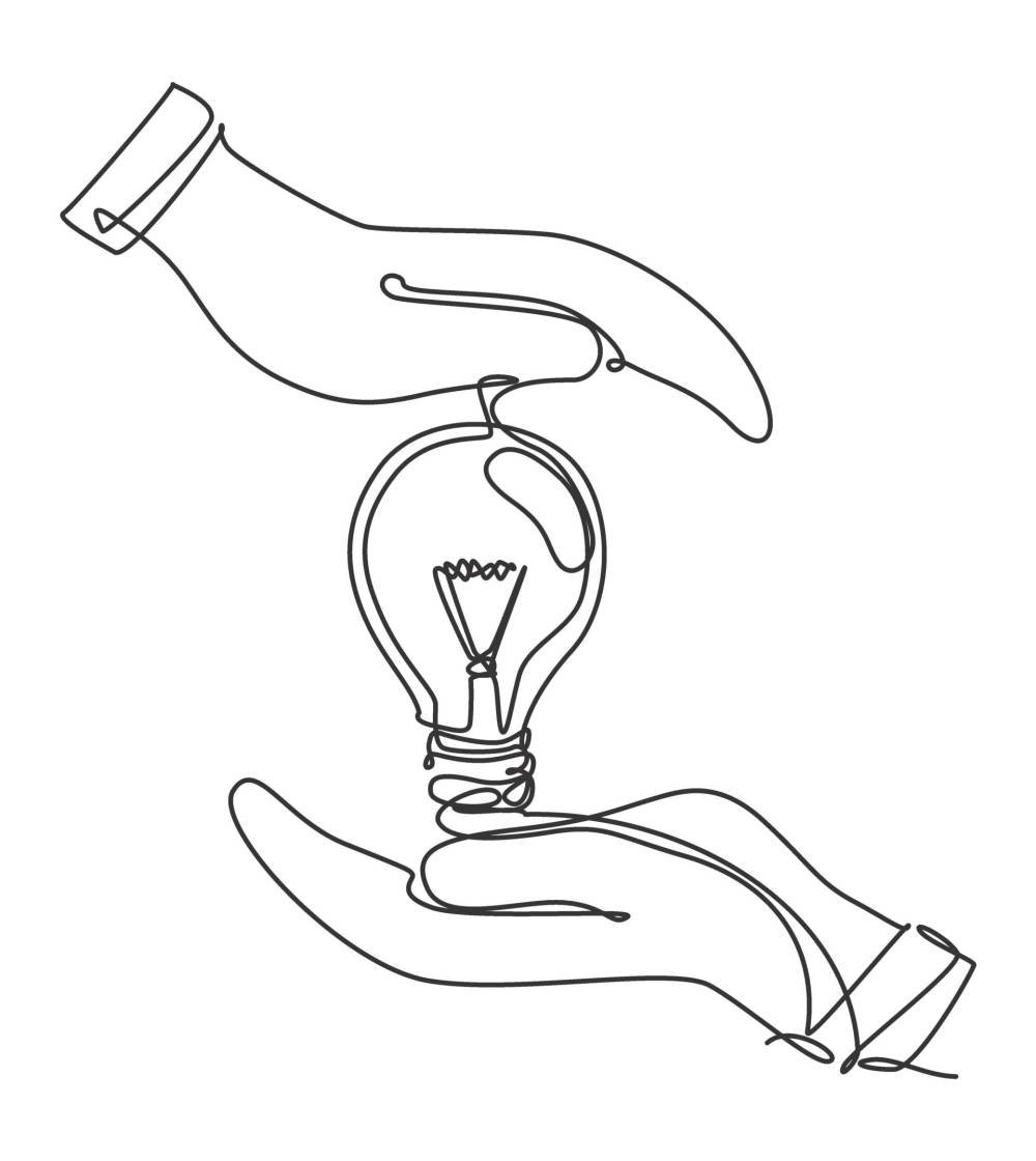 One continuous line drawing of hands protect light bulb icon log One continuous line drawing of hands protect light bulb icon logo. Safe protection company symbol