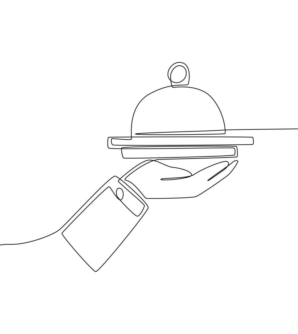 food_service Single one line drawing food tray on a hand of hotel room service. Hotel activity concept. Continuous line draw design graphic vector illustration.